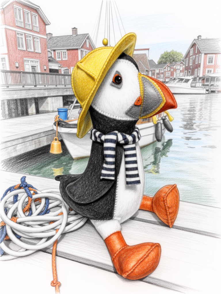 PUFFIN SEWING KIT Decor Ornament 8" - Coastal Collection (Yellow Hat, Scarf, Fish