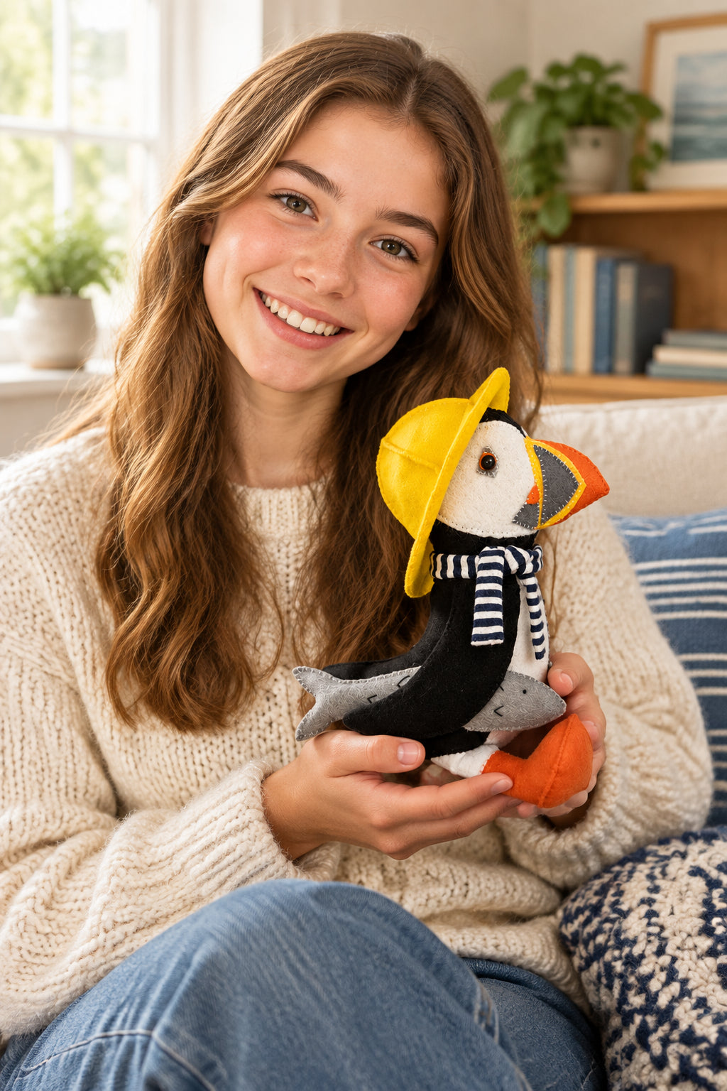 PUFFIN SEWING KIT Decor Ornament 8" - Coastal Collection (Yellow Hat, Scarf, Fish