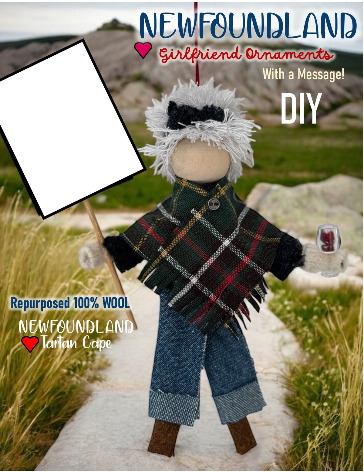 DIY "Girlfriend" Ornament - Newfoundland Tartan with Sign and Wine