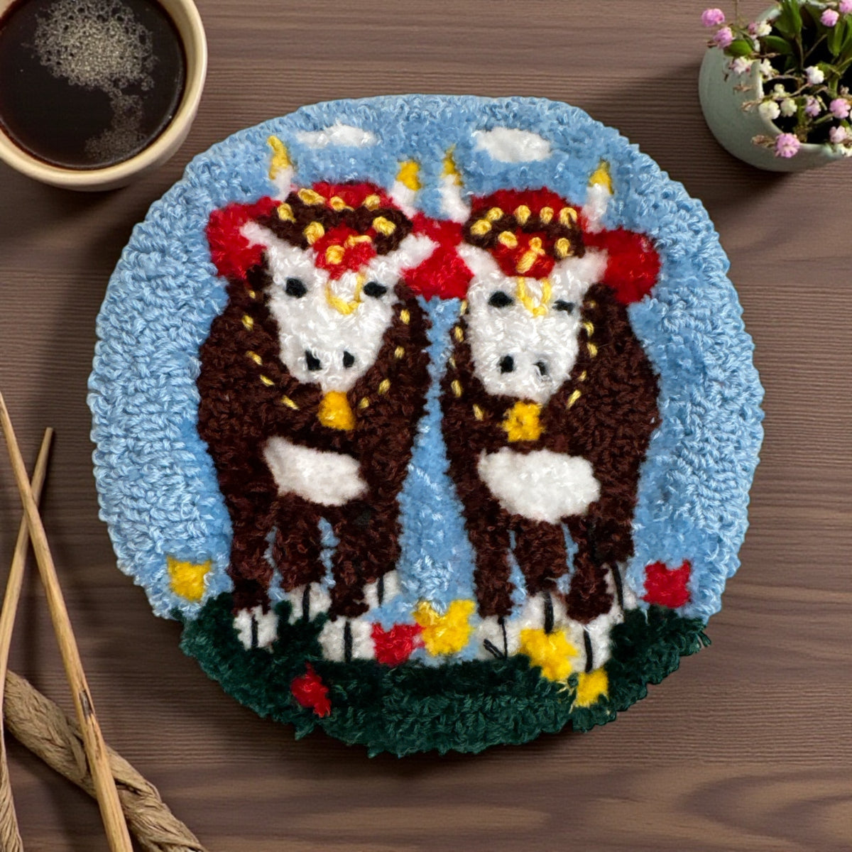 DIY Needle Punch Coaster Kit - Maud Lewis inspired Oxen