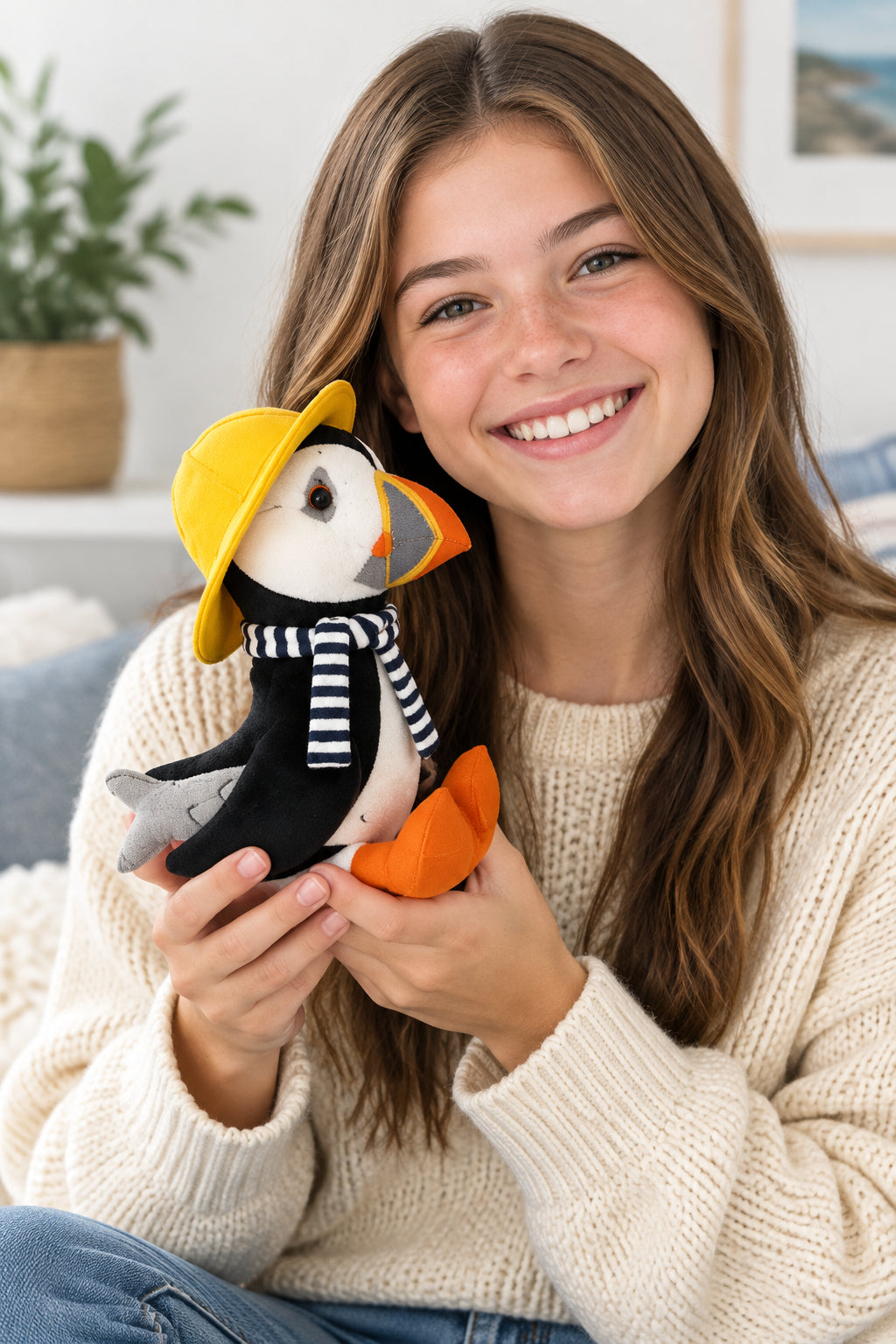 PUFFIN SEWING KIT Decor Ornament 8" - Coastal Collection (Yellow Hat, Scarf, Fish