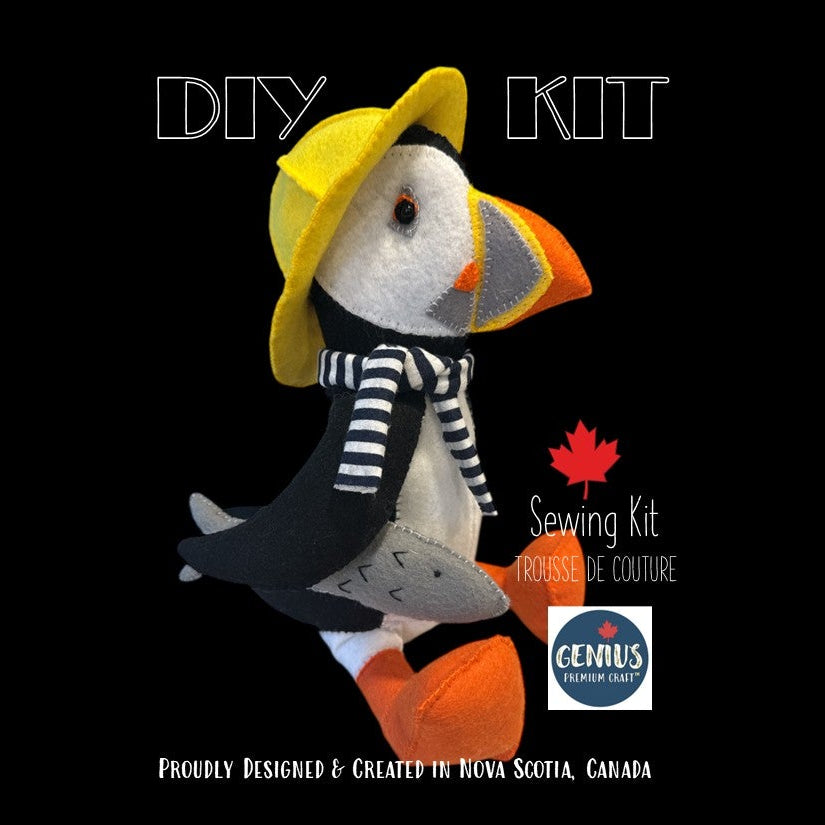 PUFFIN SEWING KIT Decor Ornament 8" - Coastal Collection (Yellow Hat, Scarf, Fish