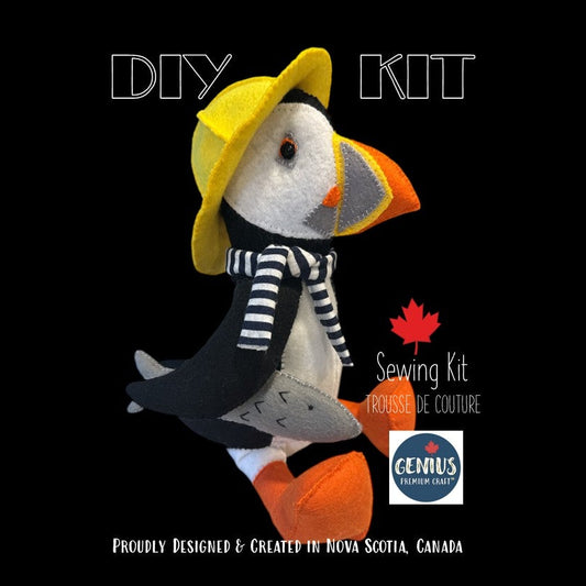 PUFFIN SEWING KIT Decor Ornament 8" - Coastal Collection (Yellow Hat, Scarf, Fish