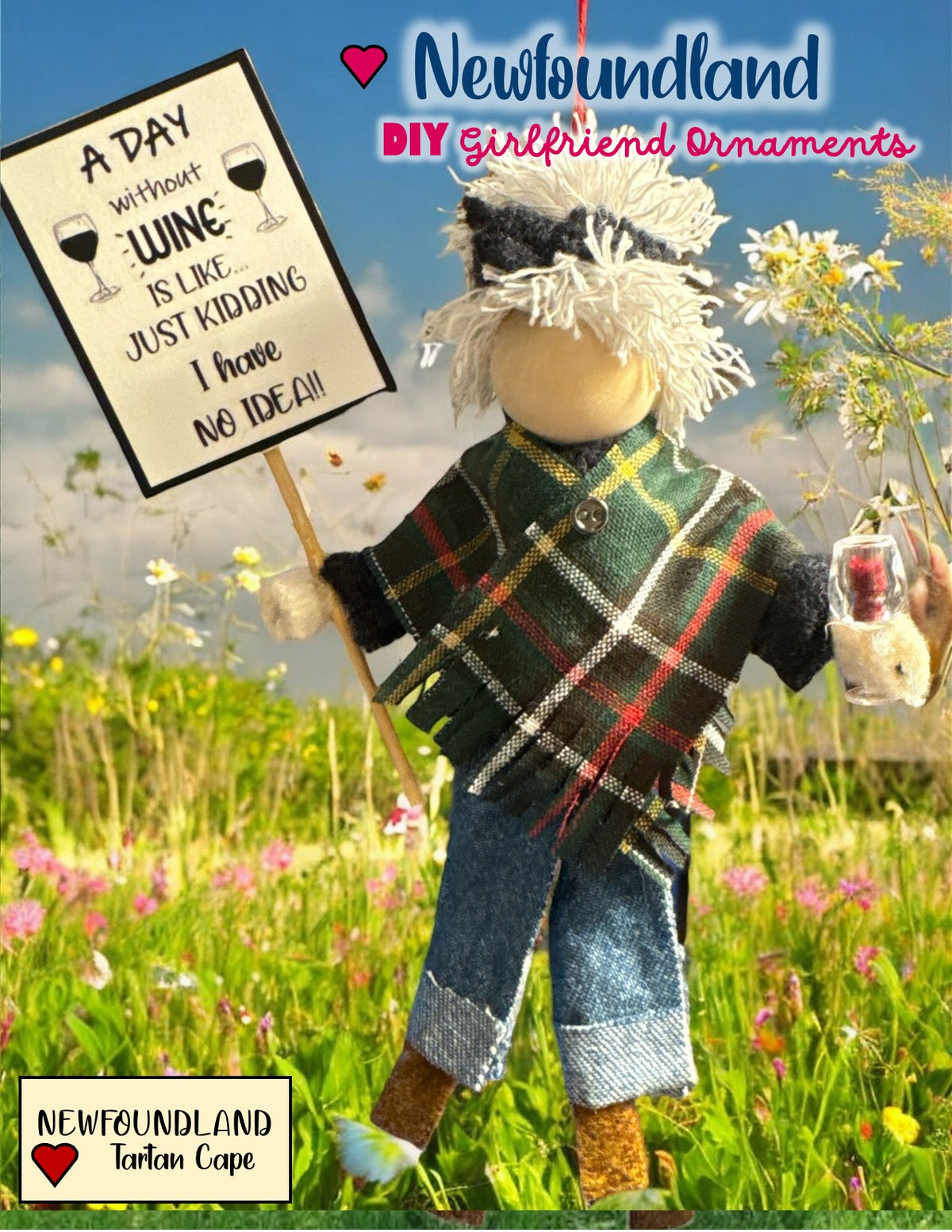 DIY "Girlfriend" Ornament - Newfoundland Tartan with Sign and Wine